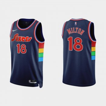 Philadelphia 76ers Shake Milton #18 Nike 2021/22 75th Anniversary Diamond Navy Jersey Icon