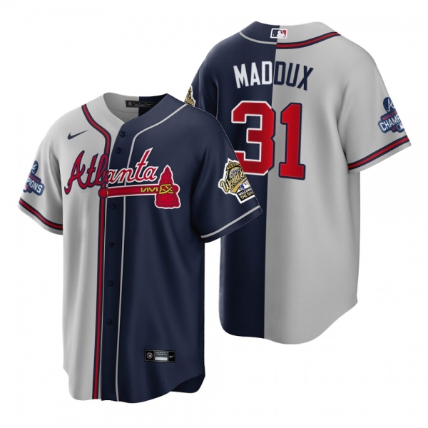 Atlanta Braves Greg Maddux 1995 Throwback Split Gray Navy 2021 World Series Champions Jersey