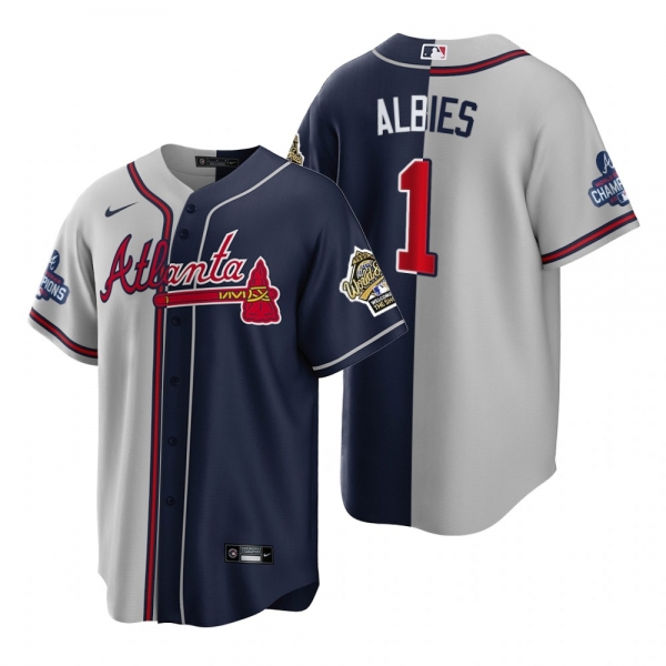 Atlanta Braves Ozzie Albies 1995 Throwback Split Gray Navy 2021 World Series Champions Jersey