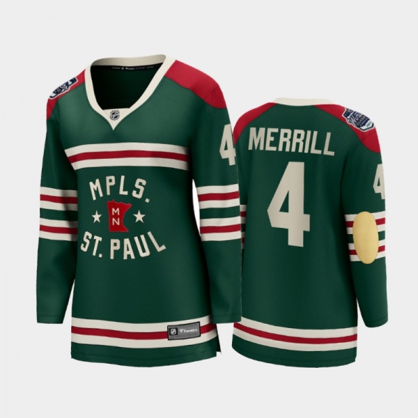 Women Minnesota Wild Jon Merrill #4 2022 Winter Classic State of Hockey Jersey Green