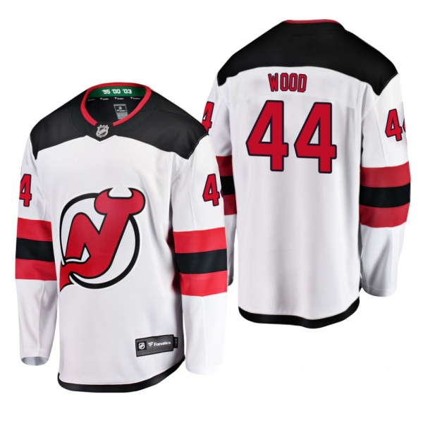 Men's New Jersey Devils Miles Wood #44 Away White Breakaway Player Cheap Jersey