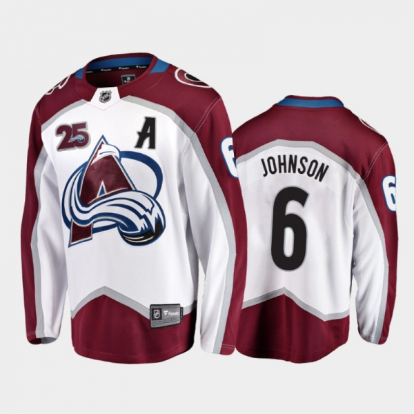 Men Colorado Avalanche Arik Johnson #6 25th Anniversary White 2020-21 Away Jersey