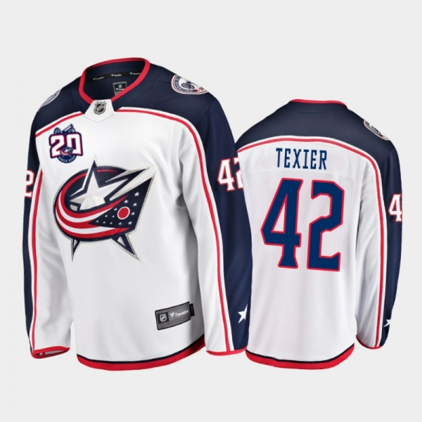 Men's Columbus Blue Jackets Alexandre Texier #42 20th Anniversary White Away Jersey