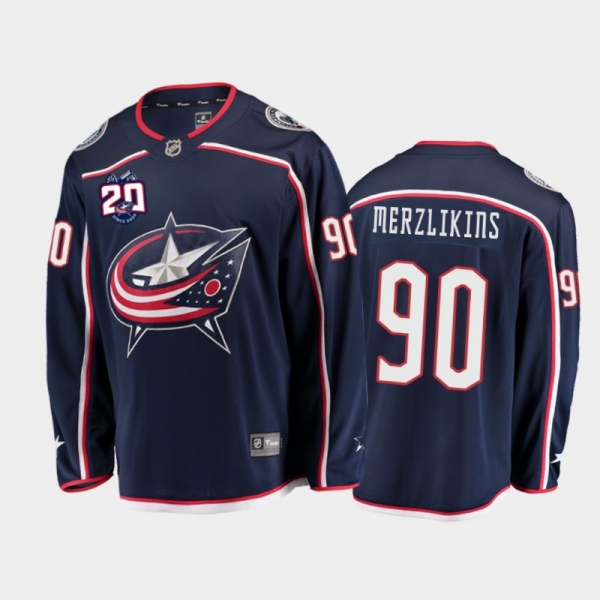 Men's Columbus Blue Jackets Elvis Merzlikins #90 20th Anniversary Navy Home Jersey