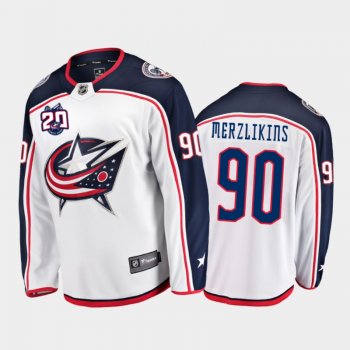 Men's Columbus Blue Jackets Elvis Merzlikins #90 20th Anniversary White Away Jersey