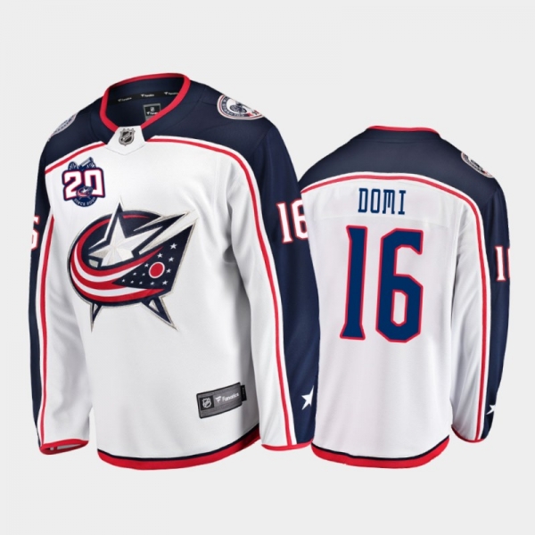 Men's Columbus Blue Jackets Max Domi #16 20th Anniversary White Away Jersey