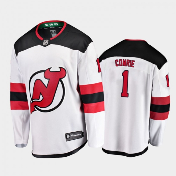 Men's New Jersey Devils Eric Comrie #1 Away White 2020-21 Breakaway Player Jersey