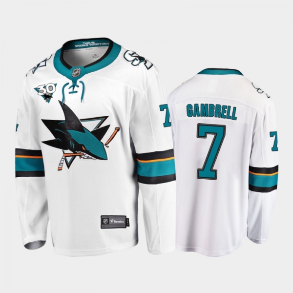 Men's San Jose Sharks Dylan Gambrell #7 Commemorate 30th Anniversary Away White Jersey