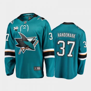 Men's San Jose Sharks Frederik Handemark #37 Home Teal 2020-21 30th Anniversary Jersey