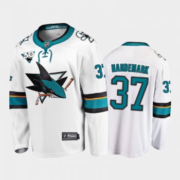 Men's San Jose Sharks Frederik Handemark #37 Away White 2020-21 30th Anniversary Jersey