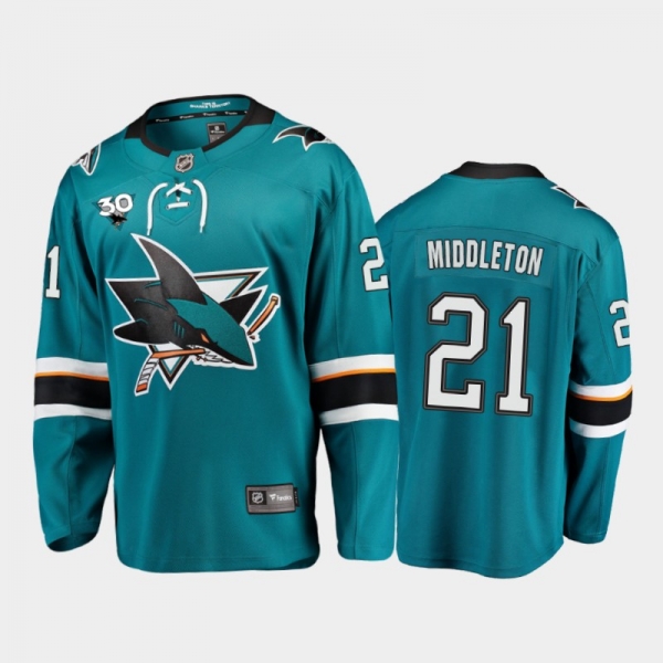 Men's San Jose Sharks Jacob Middleton #21 Home Teal 2020-21 30th Anniversary Jersey