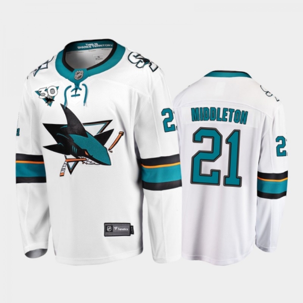 Men's San Jose Sharks Jacob Middleton #21 Away White 2020-21 30th Anniversary Jersey