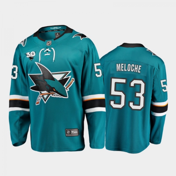 Men's San Jose Sharks Nicolas Meloche #53 Home Teal 2020-21 30th Anniversary Jersey