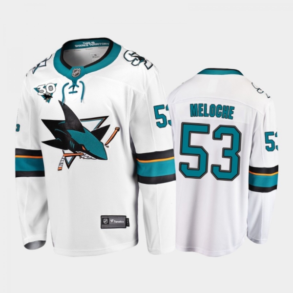 Men's San Jose Sharks Nicolas Meloche #53 Away White 2020-21 30th Anniversary Jersey