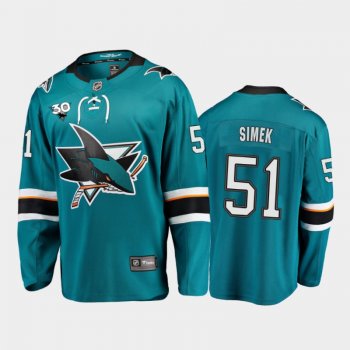 Men's San Jose Sharks Radim Simek #51 Commemorate 30th Anniversary Home Teal Jersey