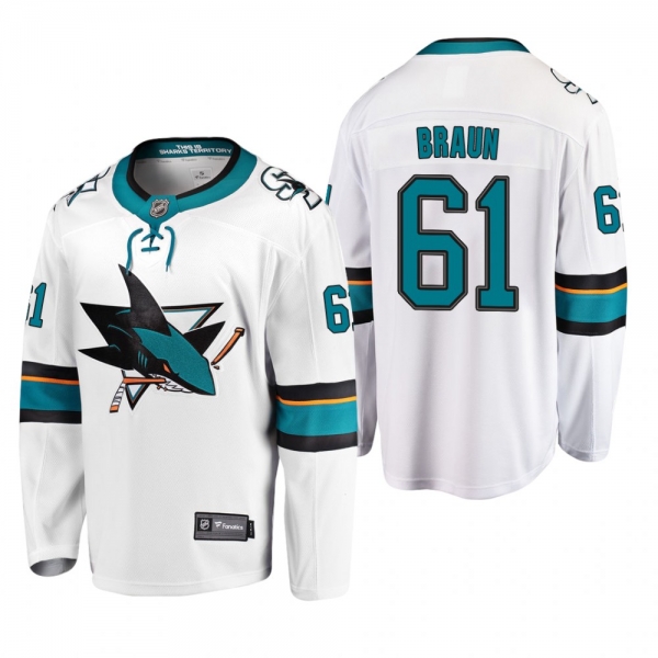 Men's San Jose Sharks Justin Braun #61 Away White Breakaway Player Cheap Jersey