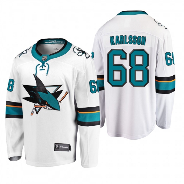 Men's San Jose Sharks Melker Karlsson #68 Away White Breakaway Player Cheap Jersey