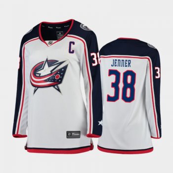 Women's Columbus Blue Jackets Boone Jenner #38 Away 2021 Captain Jersey White