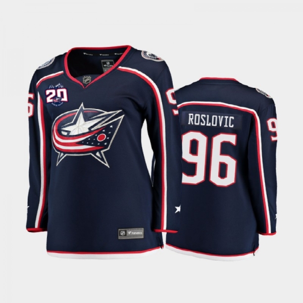 Women's 2020-21 Columbus Blue Jackets Jack Roslovic #96 20th Anniversary Home Jersey - Navy