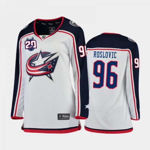 Women's 2020-21 Columbus Blue Jackets Jack Roslovic #96 20th Anniversary Away Jersey - White