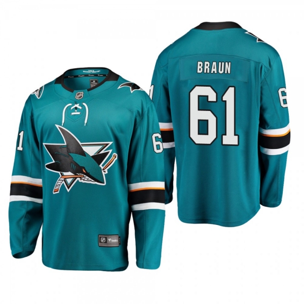 Youth San Jose Sharks Justin Braun #61 Home Low-Priced Breakaway Player Teal Jersey