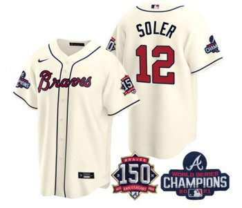 Men's Atlanta Braves #12 Jorge Soler 2021 Cream World Series Champions With 150th Anniversary Patch Cool Base Stitched Jersey