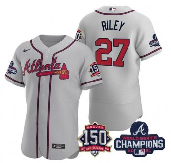 Men's Atlanta Braves #27 Austin Riley 2021 Gray World Series Champions With 150th Anniversary Flex Base Stitched Jersey