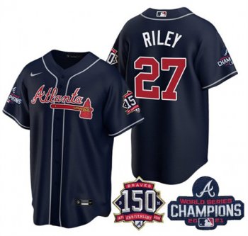 Men's Atlanta Braves #27 Austin Riley 2021 Navy World Series Champions With 150th Anniversary Patch Cool Base Stitched Jersey