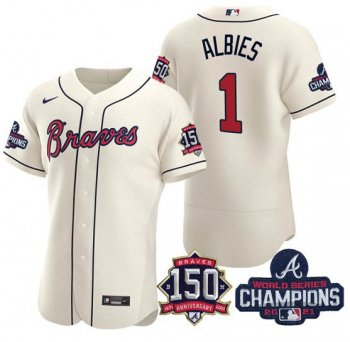 Men's Atlanta Braves #1 Ozzie Albies 2021 Cream World Series Champions With 150th Anniversary Flex Base Stitched Jersey