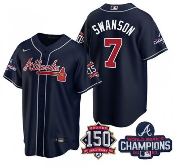 Men's Atlanta Braves #7 Dansby Swanson 2021 Navy World Series Champions With 150th Anniversary Patch Cool Base Stitched Jersey