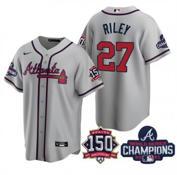 Men's Atlanta Braves #27 Austin Riley 2021 Grey World Series Champions With 150th Anniversary Patch Cool Base Stitched Jersey