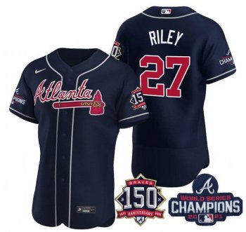 Men's Atlanta Braves #27 Austin Riley 2021 Navy World Series Champions With 150th Anniversary Flex Base Stitched Jersey