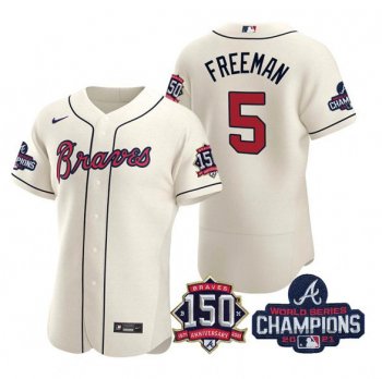 Men's Atlanta Braves #5 Freddie Freeman 2021 Cream World Series Champions With 150th Anniversary Flex Base Stitched Jersey