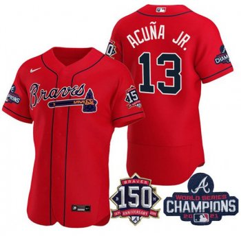 Men's Atlanta Braves #13 Ronald Acuña Jr. 2021 Red World Series Champions With 150th Anniversary Flex Base Stitched Jersey