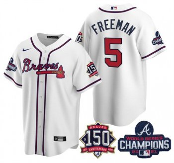 Men's Atlanta Braves #5 Freddie Freeman 2021 White World Series Champions With 150th Anniversary Patch Cool Base Stitched Jersey