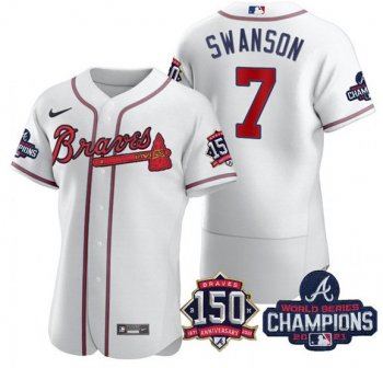 Men's Atlanta Braves #7 Dansby Swanson 2021 White World Series Champions With 150th Anniversary Flex Base Stitched Jersey