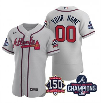 Men's Atlanta Braves Grey ACTIVE PLAYER Custom 2021 Red World Series Champions With 150th Anniversary Stitched Jersey