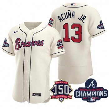 Men's Atlanta Braves #13 Ronald Acuña Jr. 2021 Cream World Series Champions With 150th Anniversary Flex Base Stitched Jersey