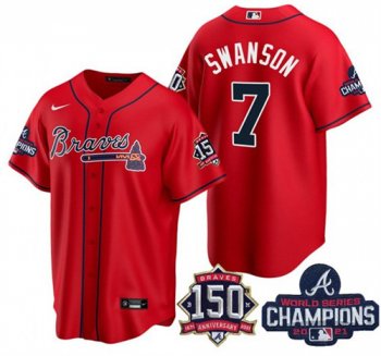 Men's Atlanta Braves #7 Dansby Swanson 2021 Red World Series Champions With 150th Anniversary Patch Cool Base Stitched Jersey