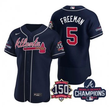 Men's Atlanta Braves #5 Freddie Freeman 2021 Navy World Series Champions With 150th Anniversary Flex Base Stitched Jersey