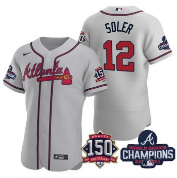 Men's Atlanta Braves #12 Jorge Soler 2021 Gray World Series Champions With 150th Anniversary Flex Base Stitched Jersey