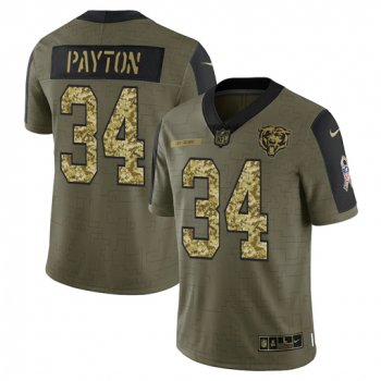 Men's Chicago Bears #34 Walter Payton 2021 Olive Camo Salute To Service Limited Stitched Jersey