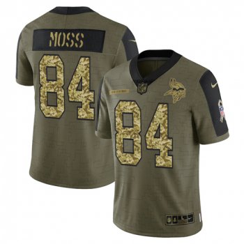 Men's Minnesota Vikings #84 Randy Moss 2021 Olive Camo Salute To Service Limited Stitched Jersey