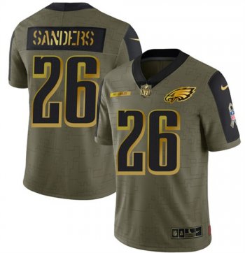 Men's Philadelphia Eagles #26 Miles Sanders 2021 Olive Camo Salute To Service Golden Limited Stitched Jersey