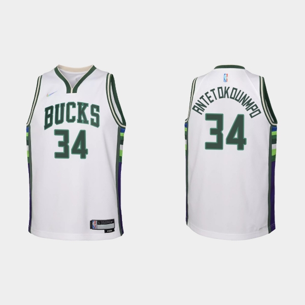 Youth 2021-22 Milwaukee Bucks #34 Giannis Antetokounmpo 75th Anniversary City White Jersey