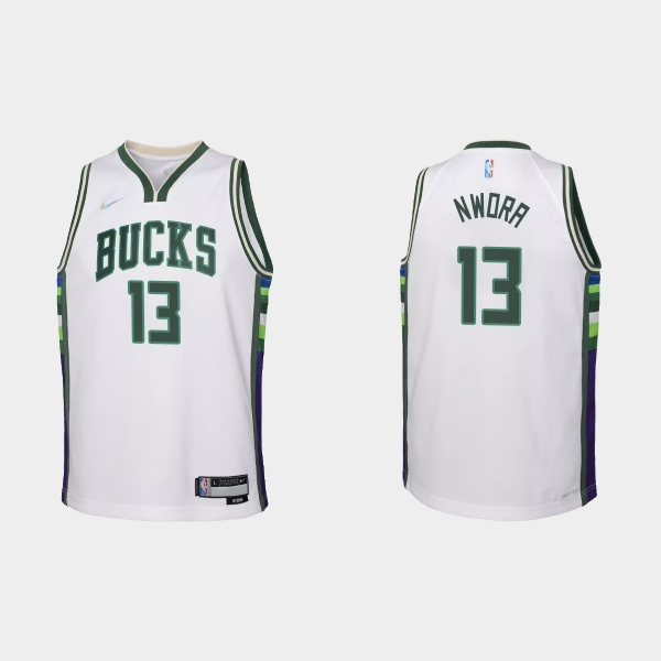 Youth 2021-22 Milwaukee Bucks #13 Jordan Nwora 75th Anniversary City White Jersey