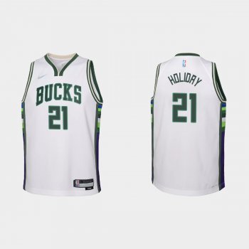 Youth 2021-22 Milwaukee Bucks #21 Jrue Holiday 75th Anniversary City White Jersey