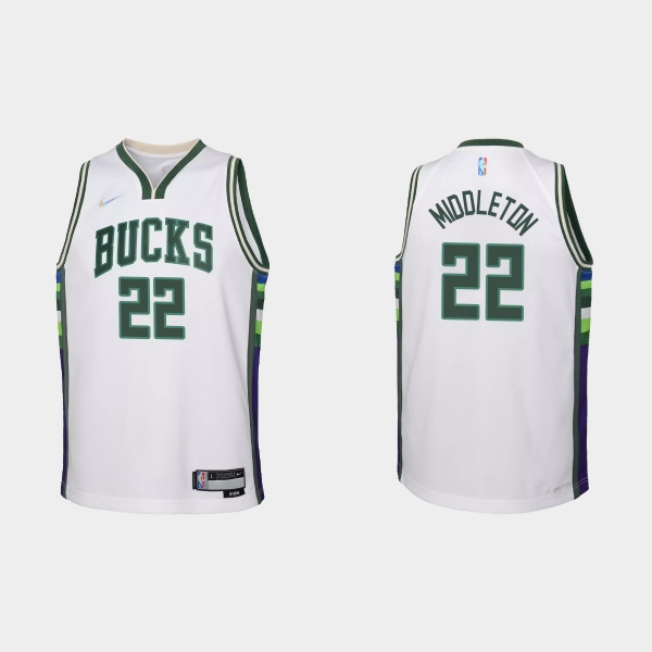 Youth 2021-22 Milwaukee Bucks #22 Khris Middleton 75th Anniversary City White Jersey