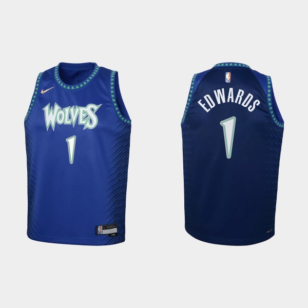 Youth 2021-22 Minnesota Timberwolves #1 Anthony Edwards 75th Anniversary City Blue Jersey