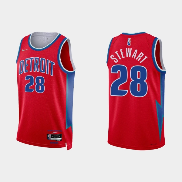 2021-22 Detroit Pistons No.28 Isaiah Stewart 75th Anniversary City Red Jersey